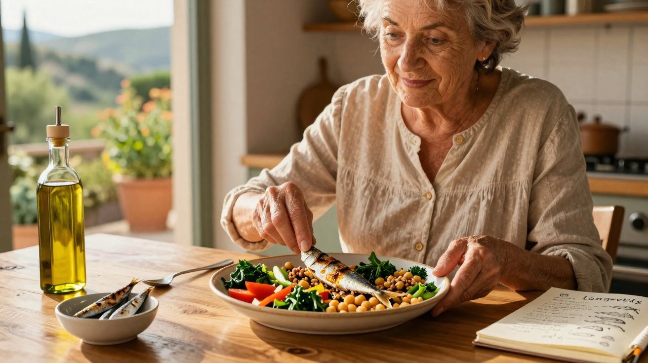 Mulher idosa sentada à mesa, temperando prato saudável com peixe, grão-de-bico e legumes.