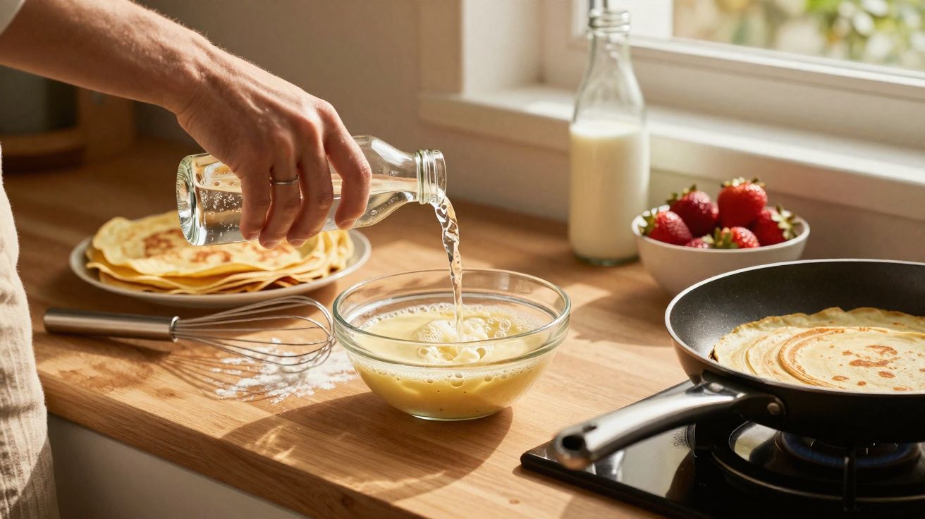 Pessoa despejando leite em tigela com massa para panquecas, fogão com frigideira e morangos em bowl.