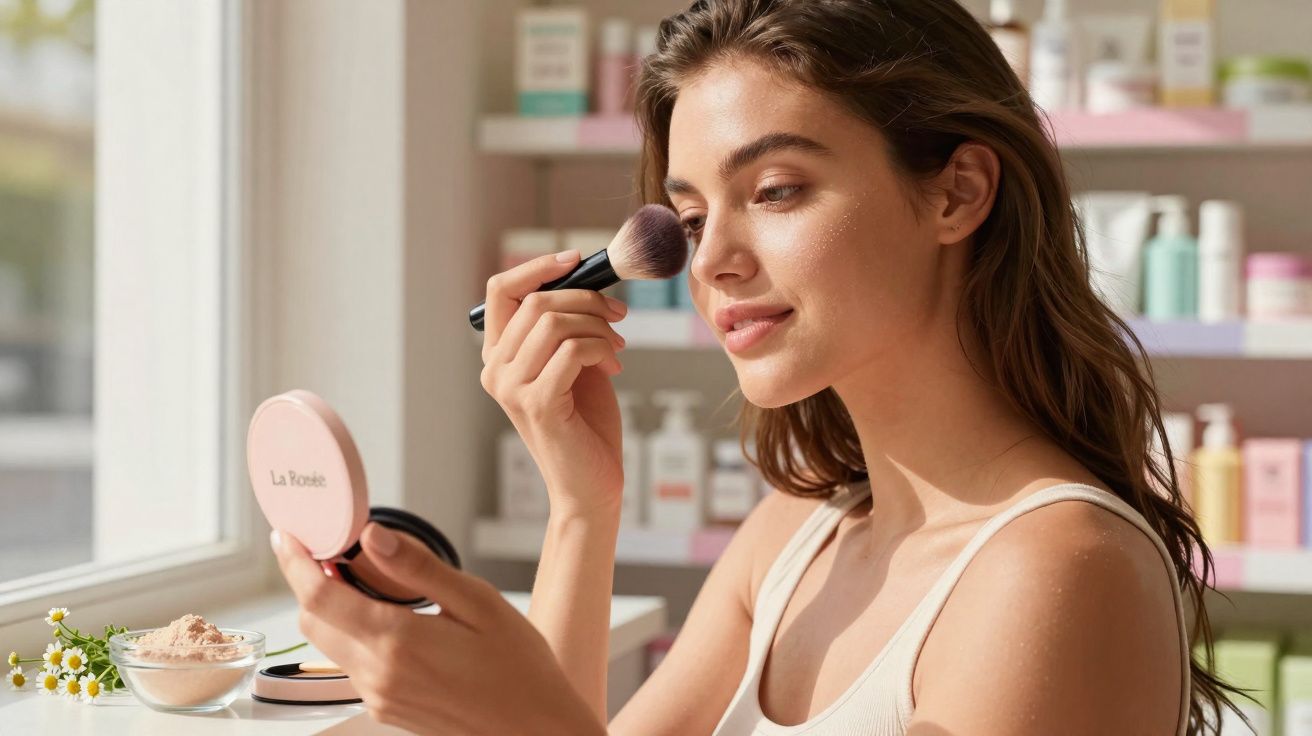 Mulher aplicando maquiagem com pincel, segurando espelho compacto em ambiente iluminado.