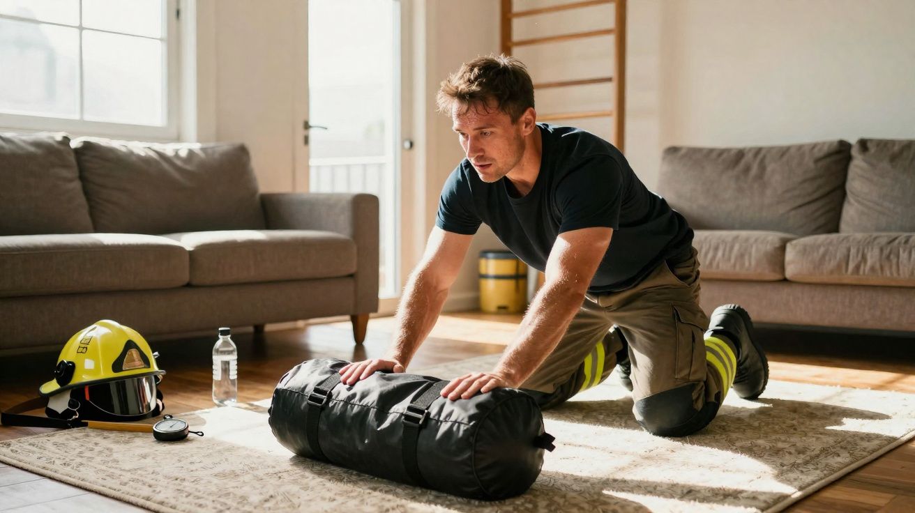 Homem fazendo exercício de flexão com saco de areia em sala de estar com sofá e capacete de bombeiro ao lado.