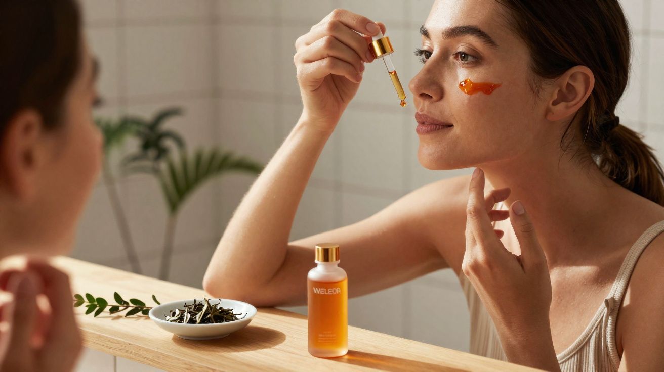Mulher aplicando sérum facial com conta-gotas em ambiente iluminado e natural.