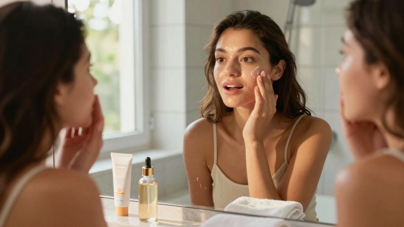 Mulher aplicando creme facial no rosto em frente ao espelho do banheiro pela manhã.