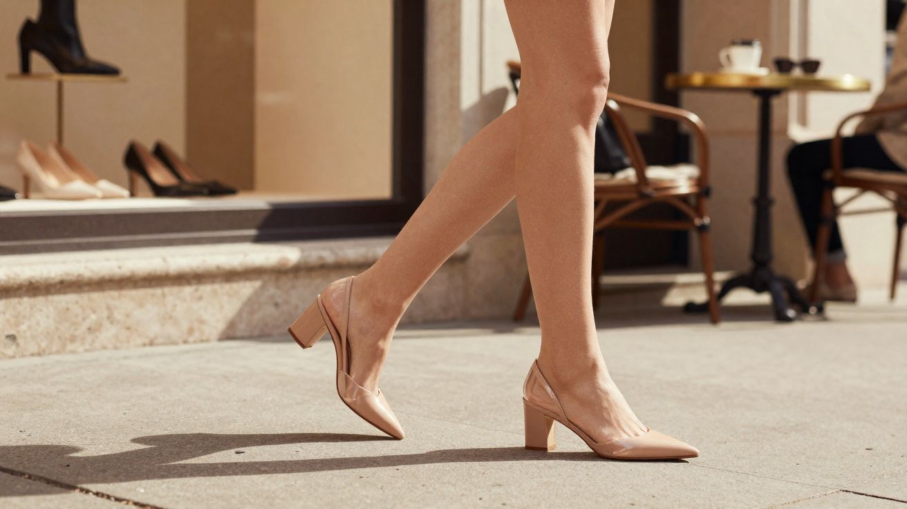 Pernas femininas caminhando com sapatos de salto médio nude em calçada próxima a loja de calçados.