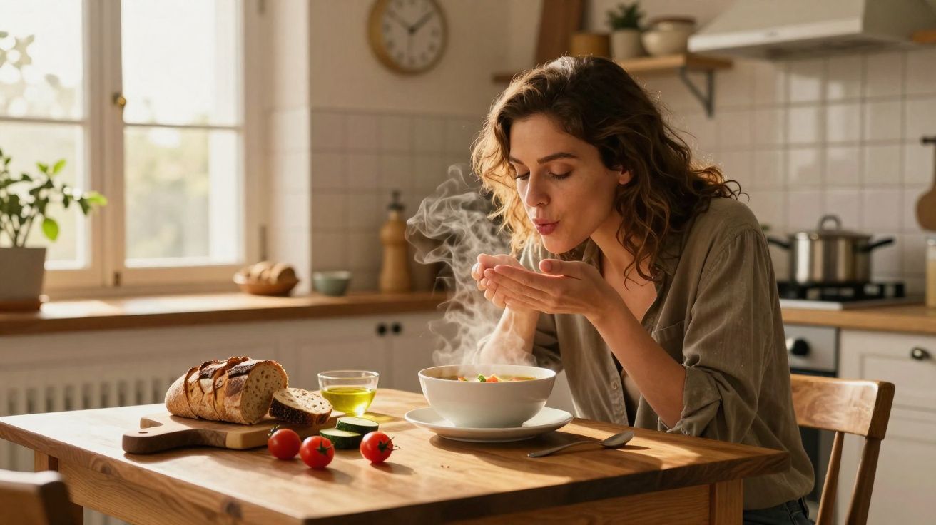 Mulher soprando sopa quente em tigela, sentada à mesa de madeira em cozinha iluminada.