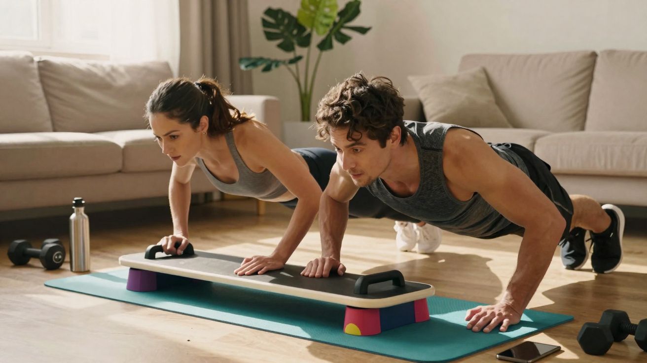 Casal praticando flexão com prancha de equilíbrio em sala de estar iluminada.