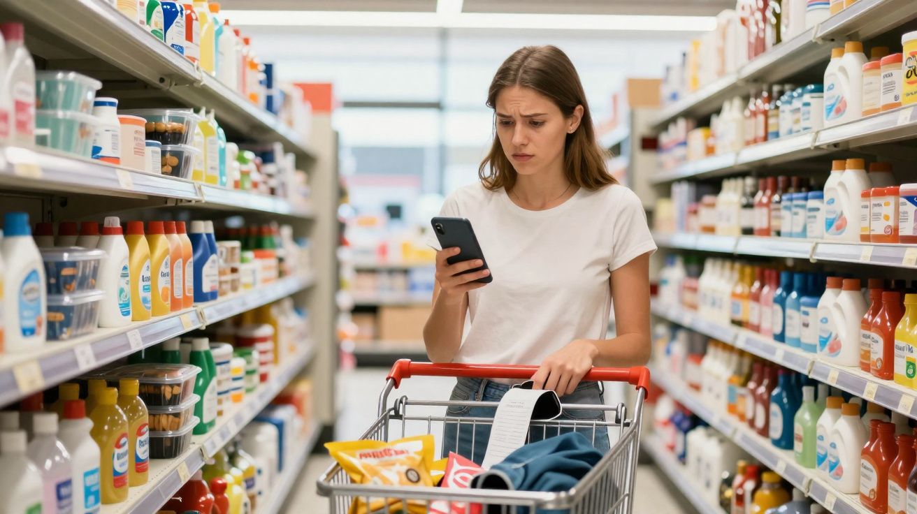 Mulher com expressão preocupada verifica celular enquanto faz compras com carrinho em supermercado.