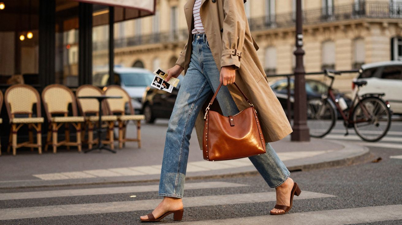 Pessoa caminhando na rua com calça jeans, trench coat bege, salto baixo e bolsa marrom.