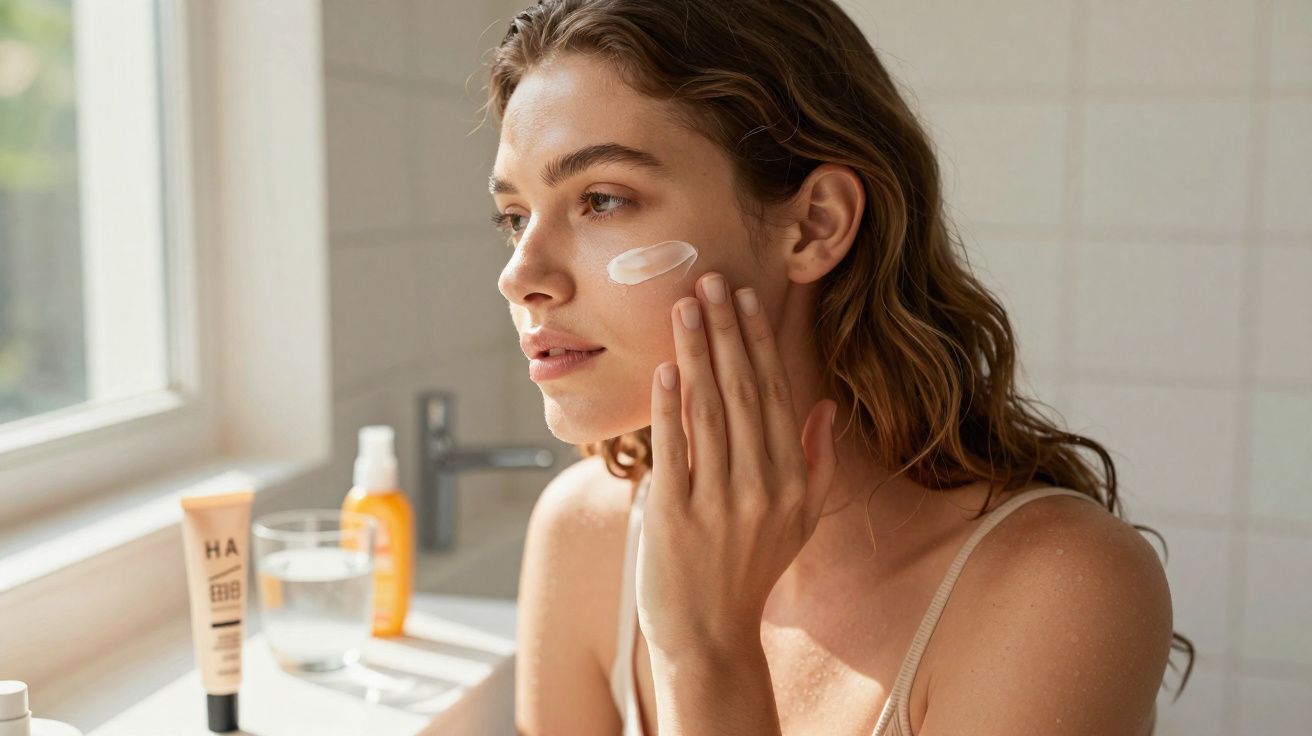 Mulher aplicando creme no rosto em ambiente iluminado ao lado de produtos de cuidados com a pele.