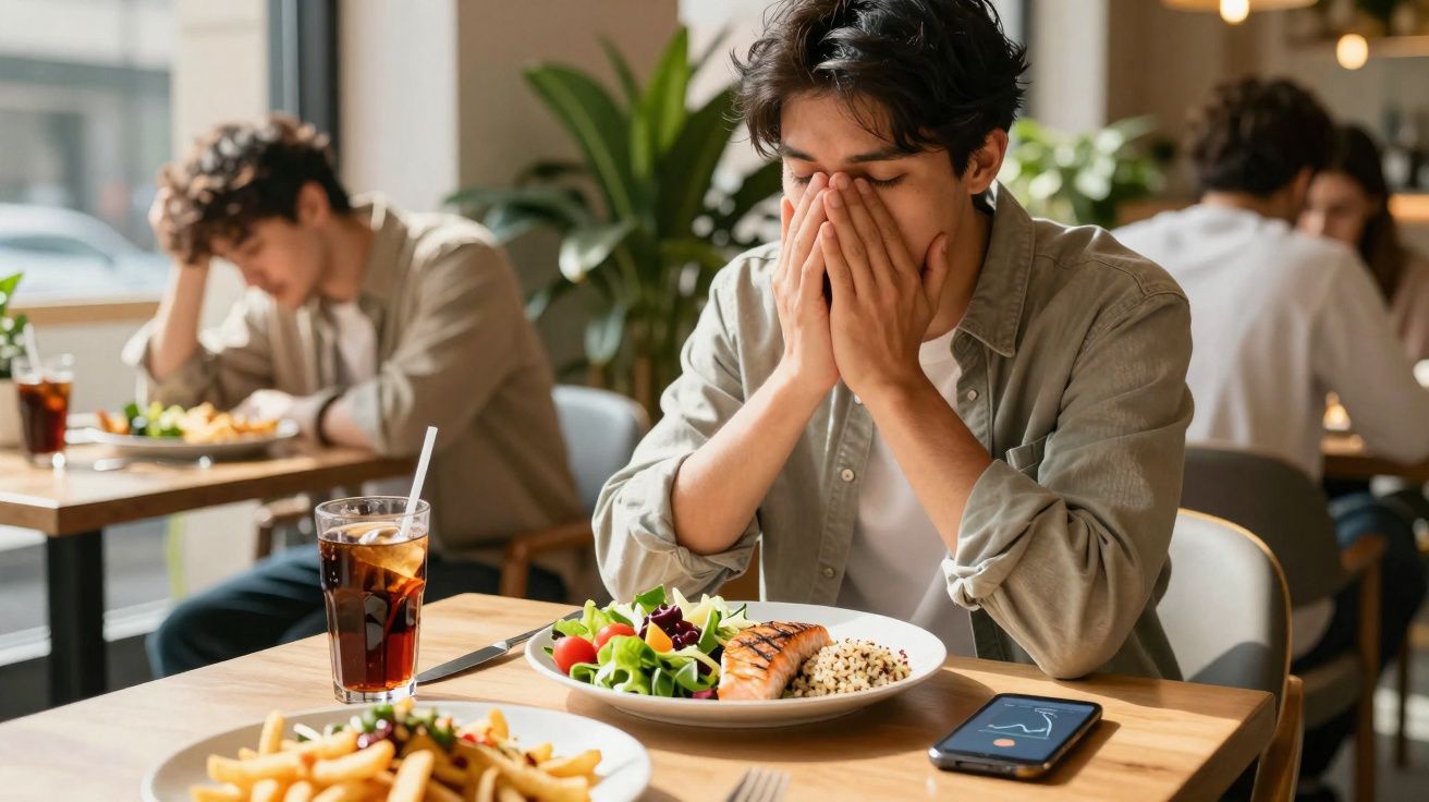 Homem sentado em restaurante com expressão de desconforto, mãos no rosto, prato de salmão e salada à frente.
