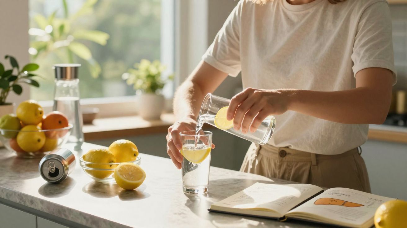 Pessoa servindo água com limão em copo na cozinha iluminada, com livro aberto e frutas na bancada.