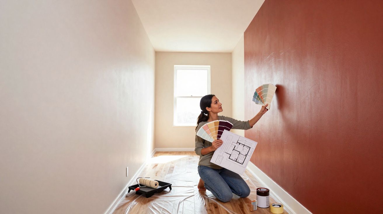 Mulher analisando paleta de cores para pintar parede vermelha em ambiente com janela clara.