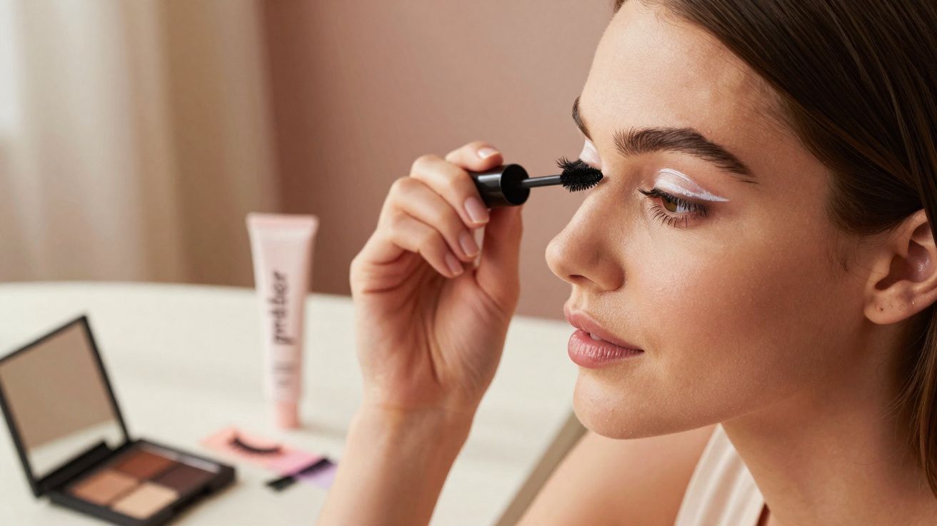 Mulher aplicando rímel nos cílios com maquiagem branca nos olhos e paleta de sombras ao fundo.