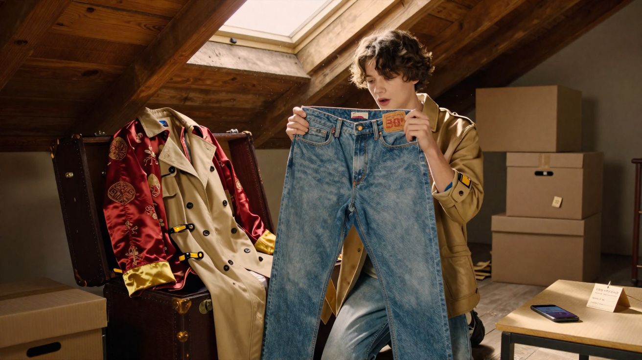 Jovem segurando uma calça jeans azul em um sótão com roupas e caixas ao fundo.