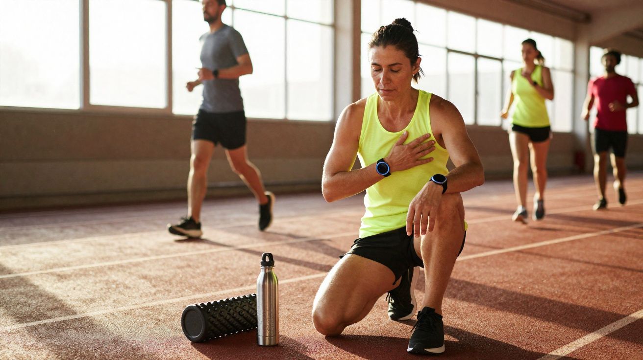 Mulher ajoelhada em pista de corrida, segurando peito, com rolo de massagem e garrafa ao lado, e outras pessoas correndo.