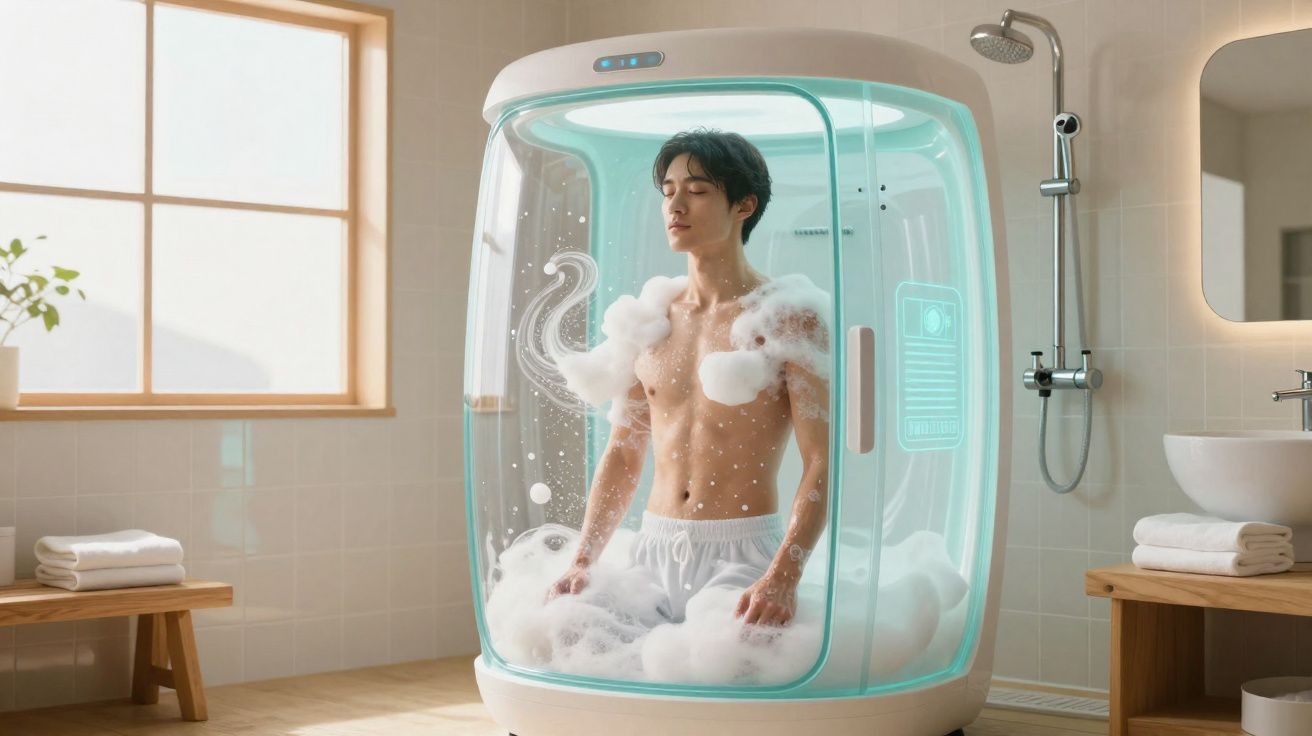 Homem meditando dentro de cápsula futurista com espuma, em banheiro moderno iluminado pela janela.