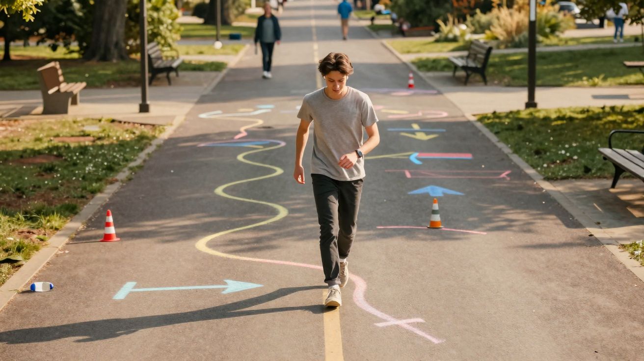 Jovem caminhando em parque sobre pista com desenhos coloridos feitos com giz no chão.