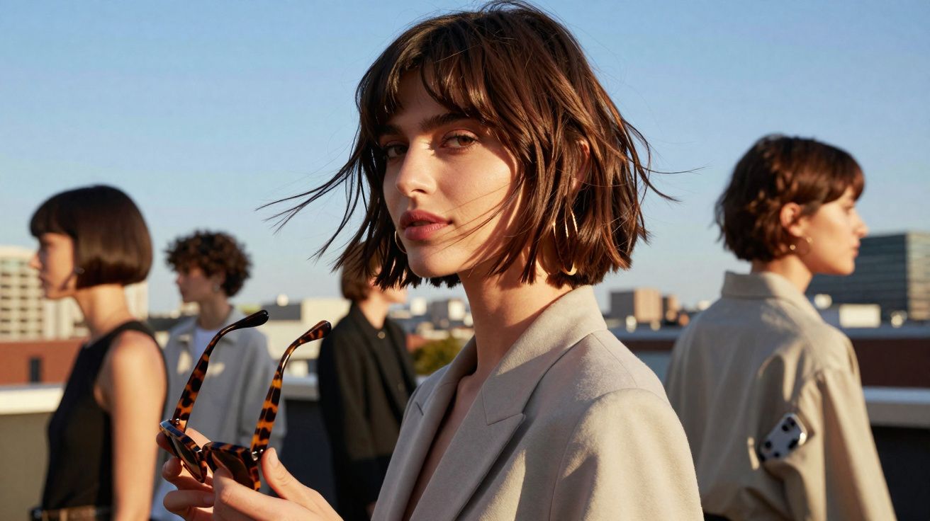 Mulher de cabelo curto castanho claro segura óculos de sol em ambiente urbano ao entardecer.