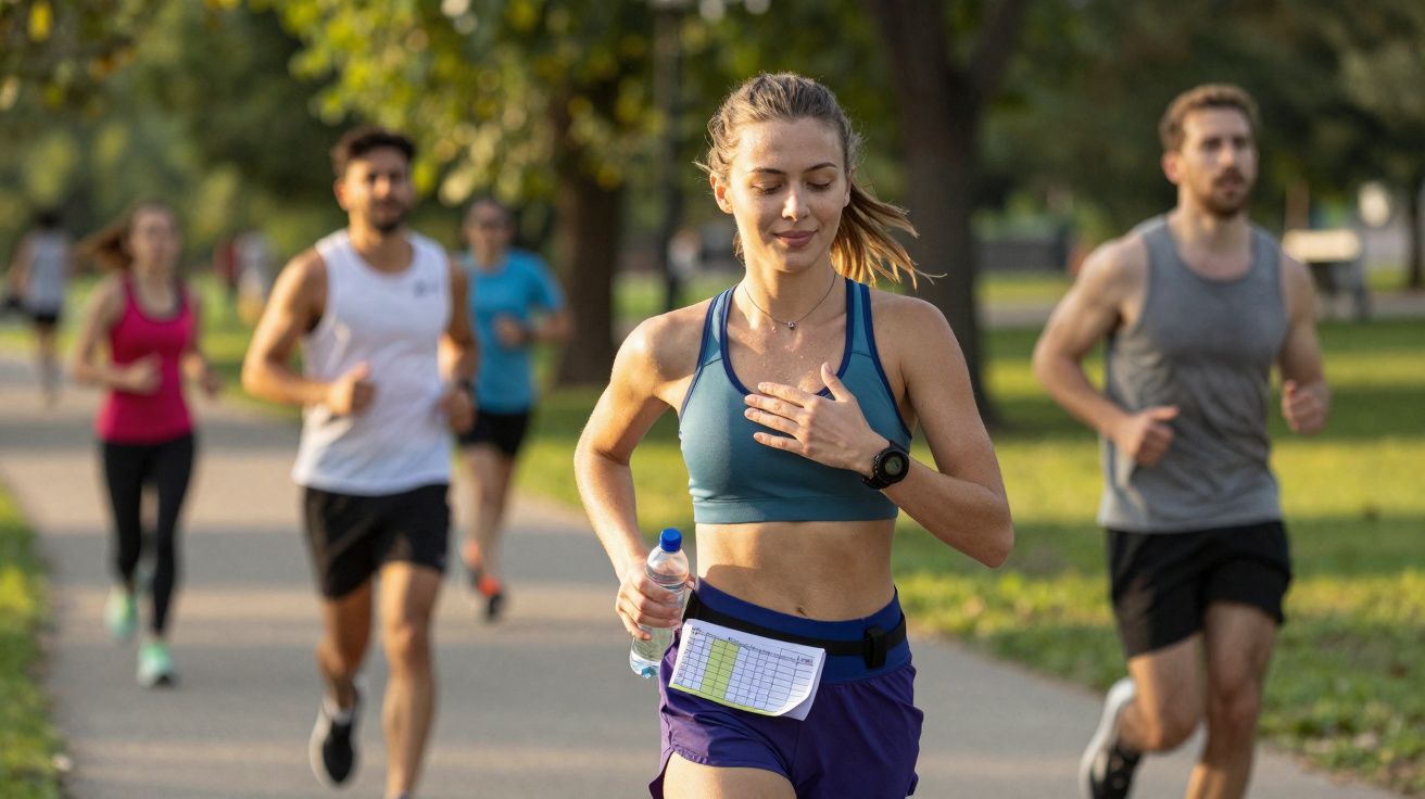 Mulher correndo em parque com outros corredores ao fundo em dia ensolarado.