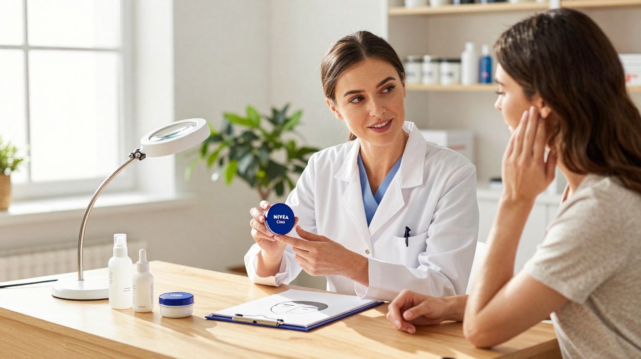 Dermatologista explicando uso de creme Nivea para paciente em consultório iluminado.