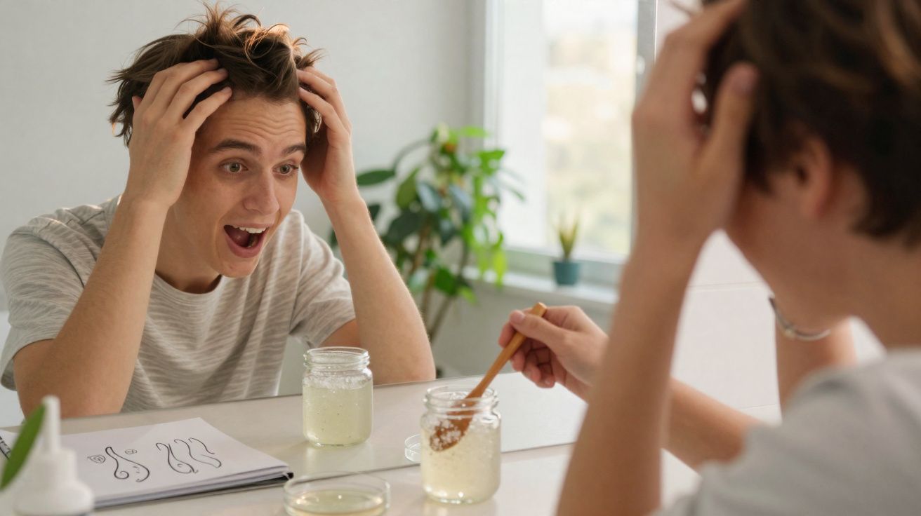 Jovem com expressão surpresa mexe no cabelo olhando para espelho com potes e anotações sobre cuidados.