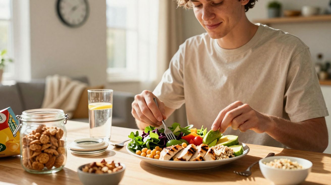 Jovem com camiseta clara comendo salada com frango grelhado, grão-de-bico e abacate à mesa iluminada.