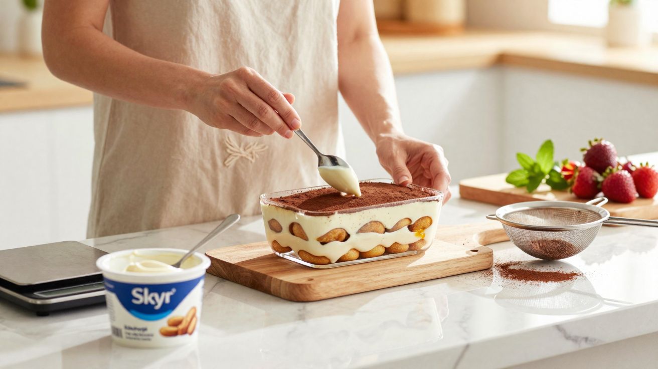 Pessoa preparando tiramisu em refratário com creme, cacau em pó e frutas frescas ao fundo na cozinha.
