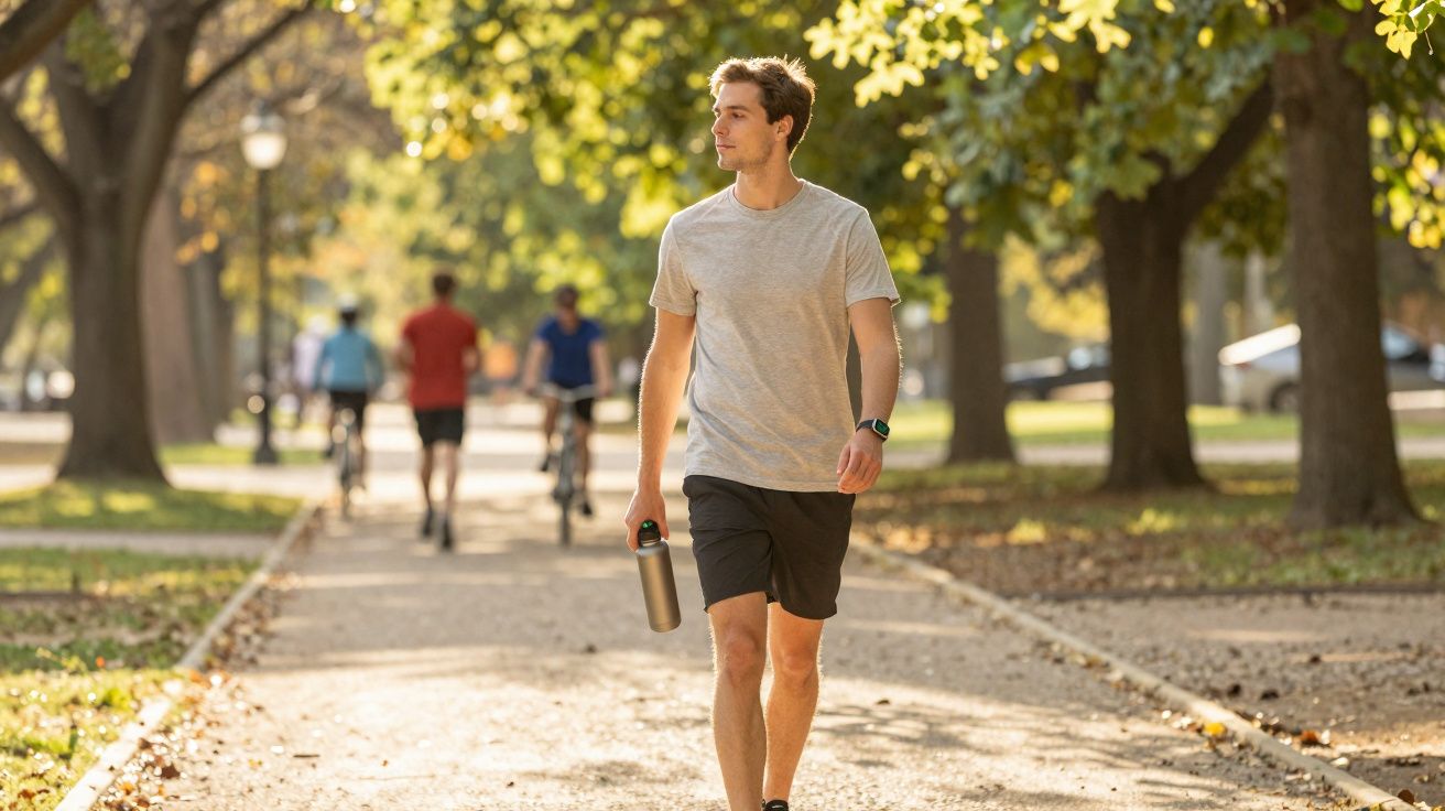 Jovem caminhando em parque ensolarado segurando garrafa térmica com pessoas ao fundo.