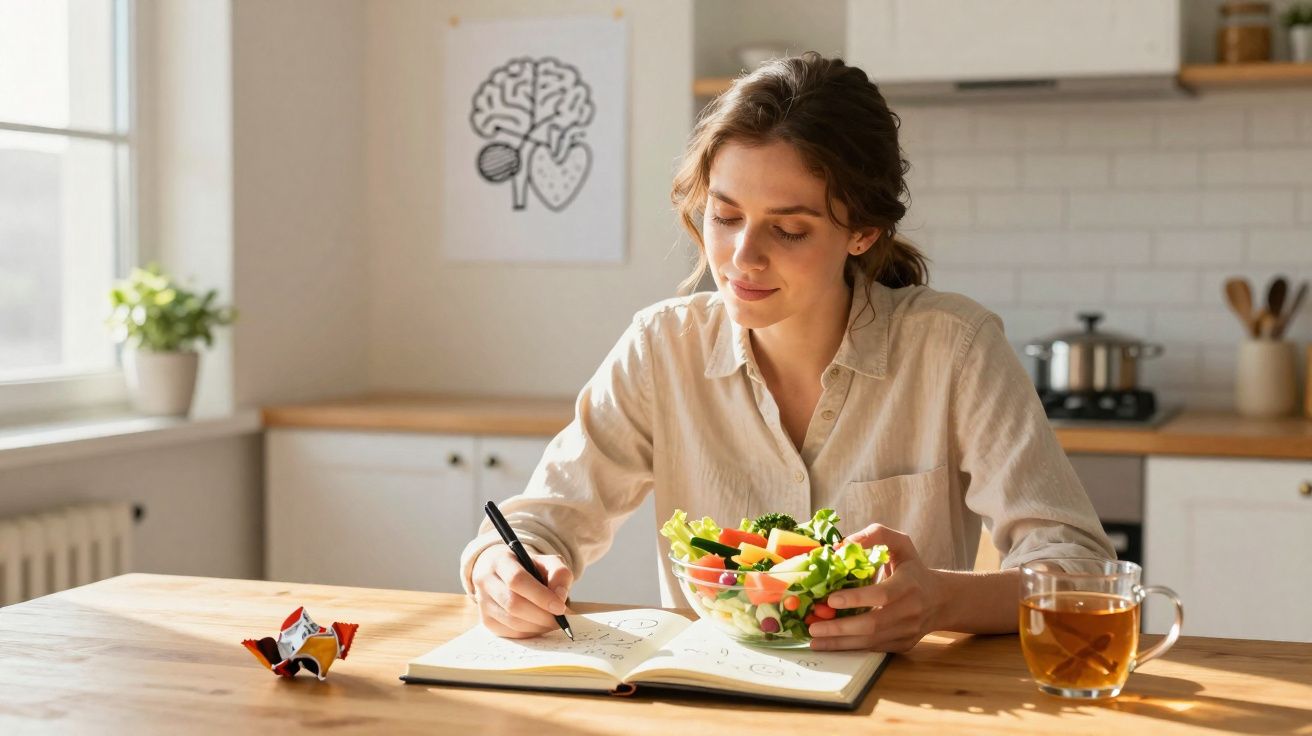 Mulher sentada à mesa, comendo salada e escrevendo em caderno em cozinha iluminada pela manhã.