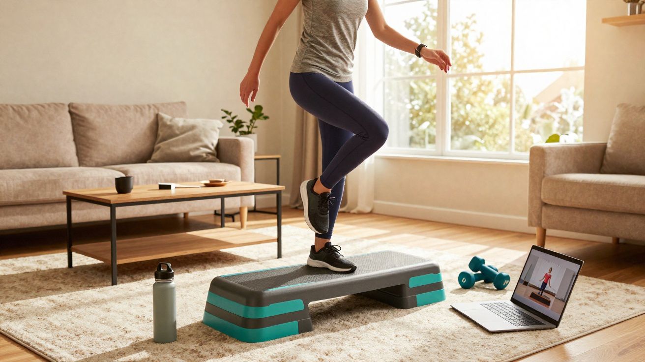 Mulher fazendo exercício em casa no tapete, com step, laptop e halteres ao redor na sala iluminada.