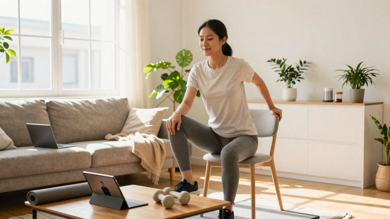 Mulher fazendo exercício sentado em cadeira, acompanhando treino por tablet em sala iluminada e decorada.