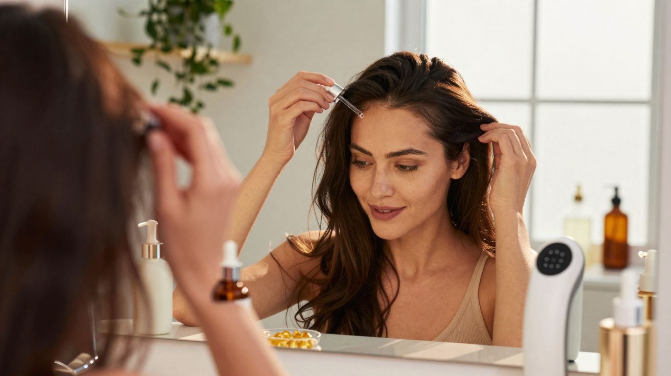 Mulher aplicando sérum no rosto com conta-gotas em frente ao espelho em banheiro iluminado.
