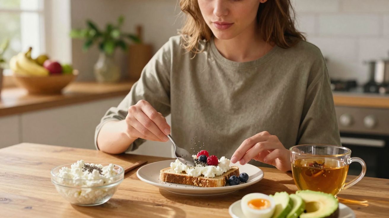 Mulher preparando torrada com cream cheese, frutas vermelhas e chá em cozinha iluminada.