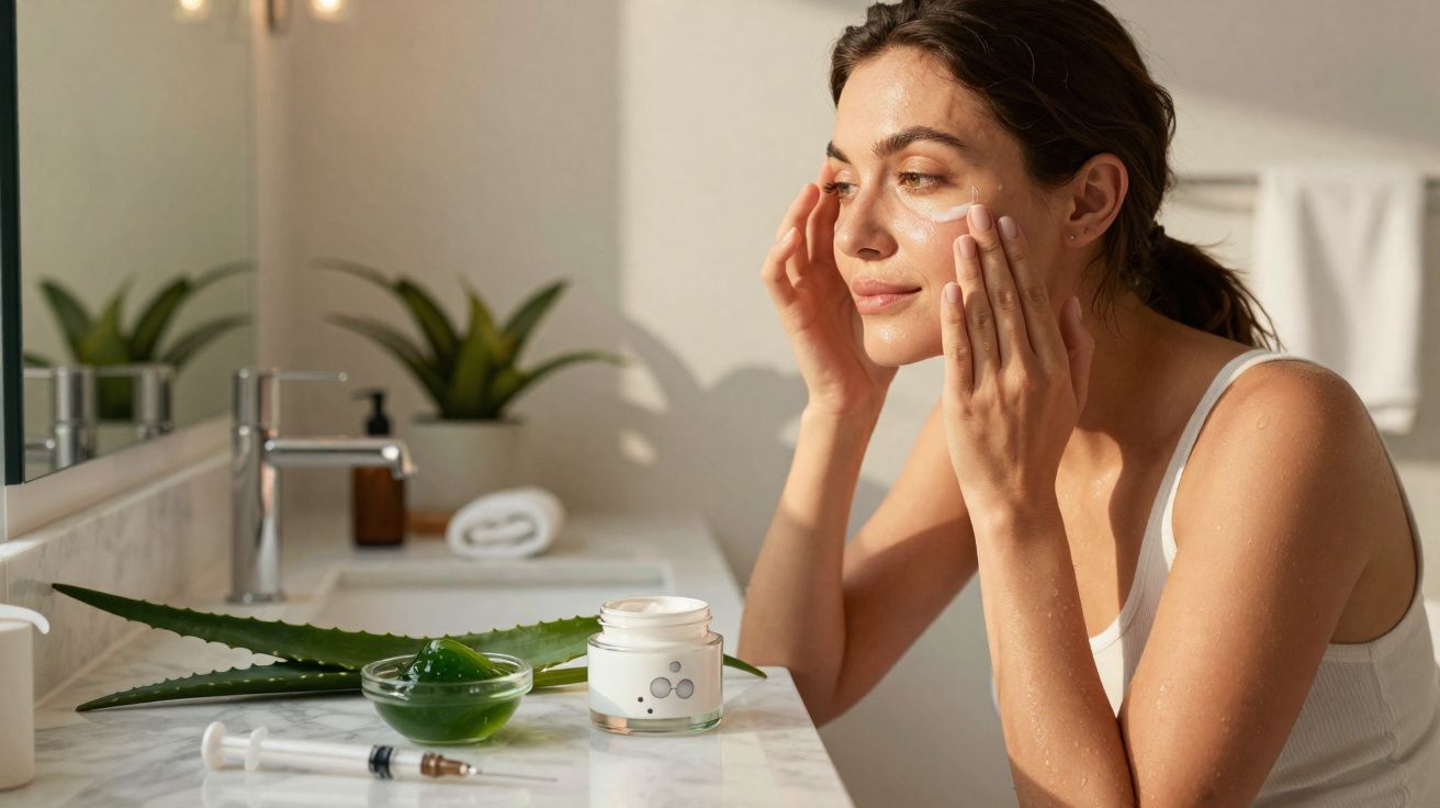 Mulher aplicando creme facial em banheiro com planta de aloe vera e frascos de cosméticos na bancada.