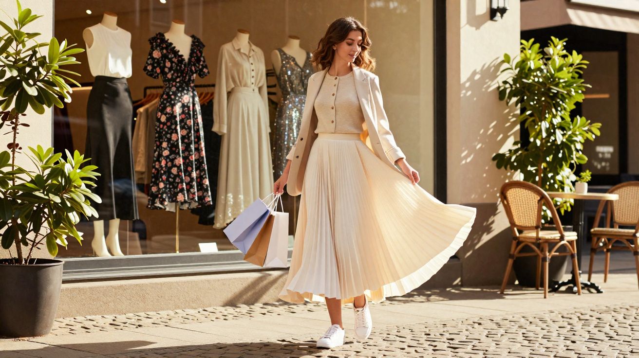 Mulher caminhando com vestido bege plissado e blazer, segurando sacolas de compras em frente a vitrine de roupas.