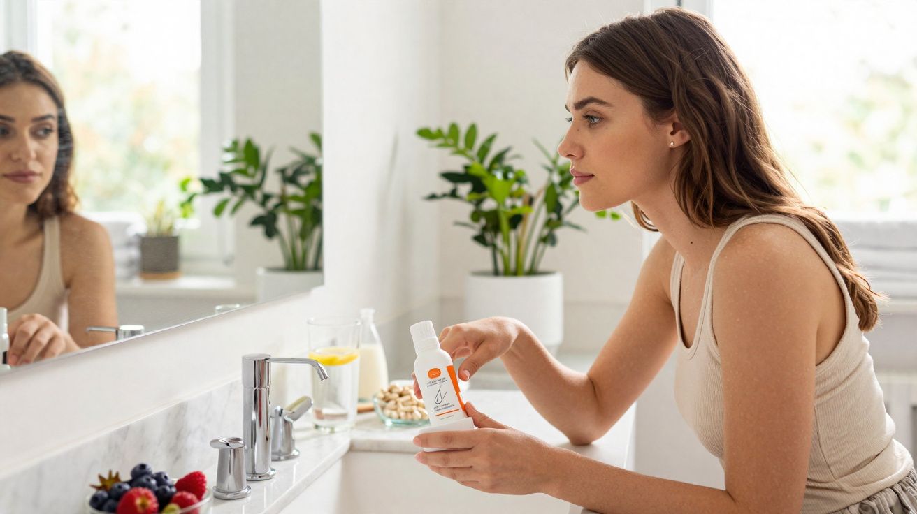 Mulher segura embalagem de protetor solar enquanto se olha no espelho em banheiro iluminado.