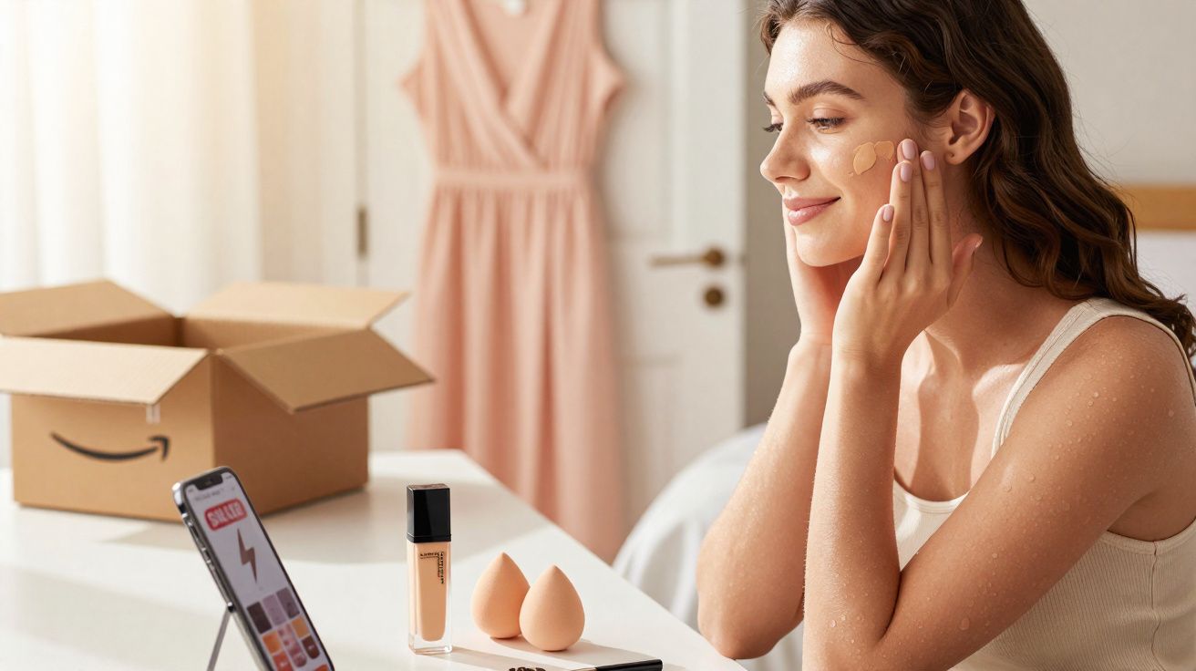 Mulher aplicando base no rosto em frente a celular com tutorial de maquiagem em mesa com produtos.