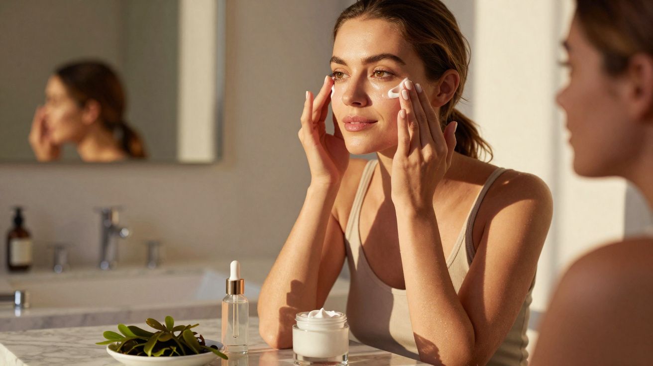 Mulher aplicando creme no rosto sentada à frente de uma pia com espelho e produtos de cuidados com a pele.