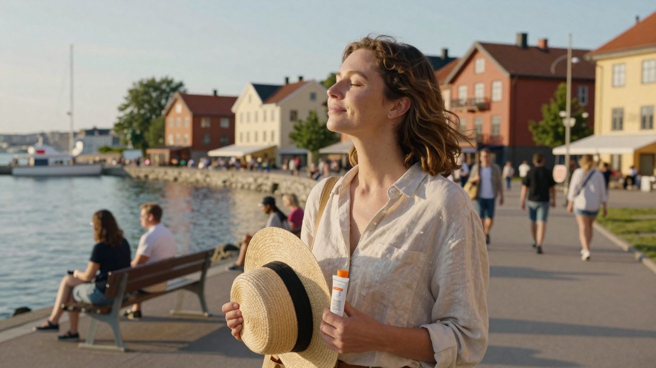 Mulher segura chapéu e protetor solar, aproveitando o sol em um calçadão à beira-mar com casas ao fundo.