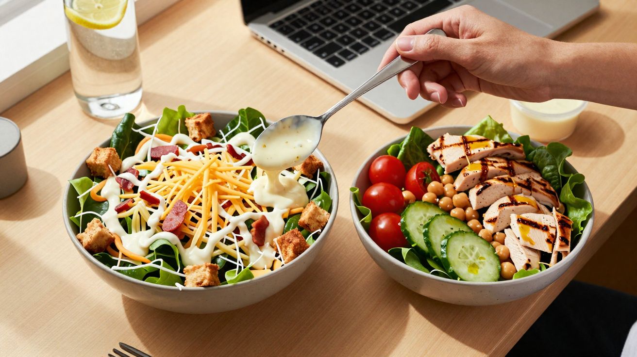 Pessoa colocando molho em salada com alface, queijo, croutons e bacon, próximo a outra salada com frango grelhado.