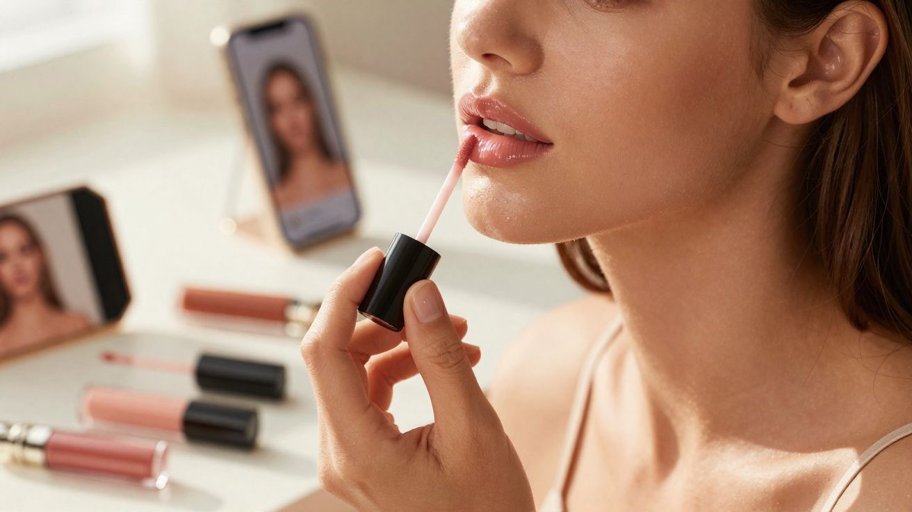 Mulher aplicando gloss labial com telefone e espelho mostrando sua imagem ao fundo.