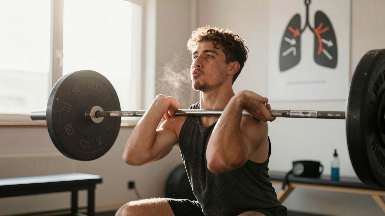 Homem fazendo agachamento com barra em academia, com respiração visível no ar.