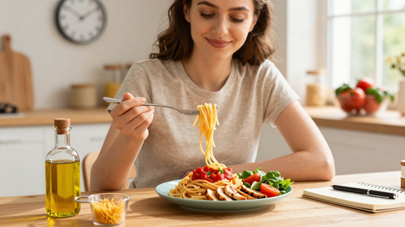 Mulher sorrindo enquanto come espaguete com molho de tomate, frango e salada em uma cozinha iluminada.
