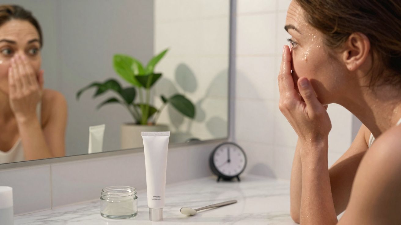 Mulher aplicando creme facial pela manhã em banheiro com plantas e relógio no fundo.
