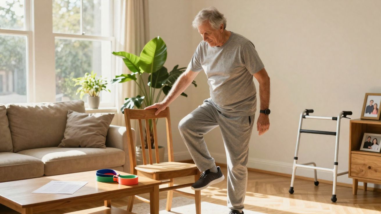 Idoso fazendo exercícios físicos em casa, segurando cadeira para equilíbrio.
