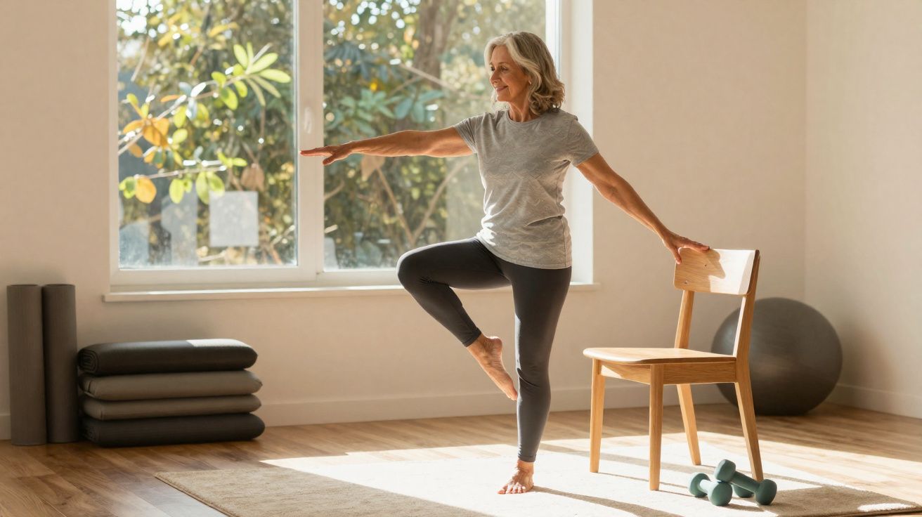 Mulher madura fazendo exercício de equilíbrio em sala iluminada, apoiada em cadeira de madeira.