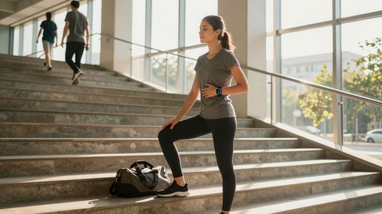 Mulher com roupa esportiva alongando perna em escada larga, com bolsa ao lado, em ambiente iluminado.