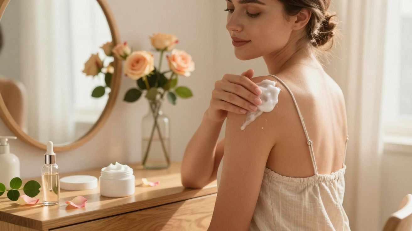 Mulher aplicando creme no ombro sentada em penteadeira com espelho e flores ao fundo.