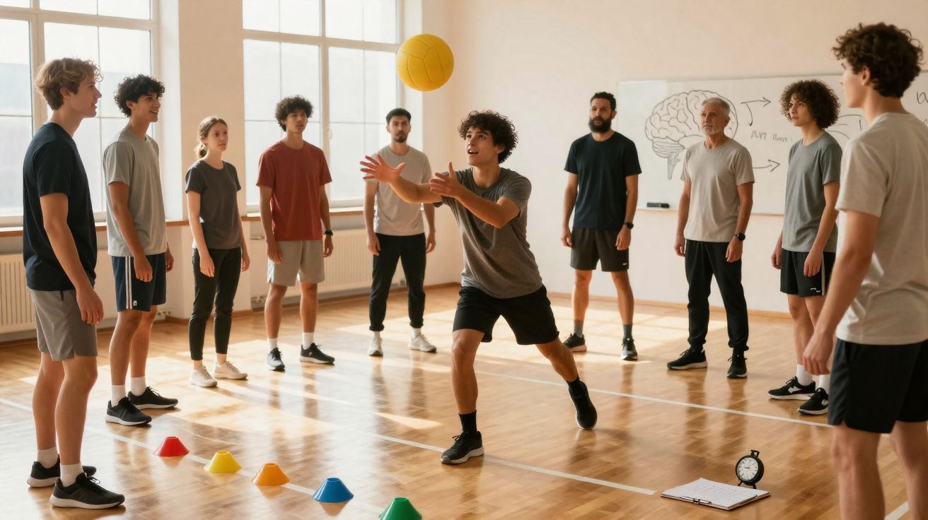 Grupo de jovens em aula de esporte em quadra, passando bola amarela, com cones coloridos no chão.