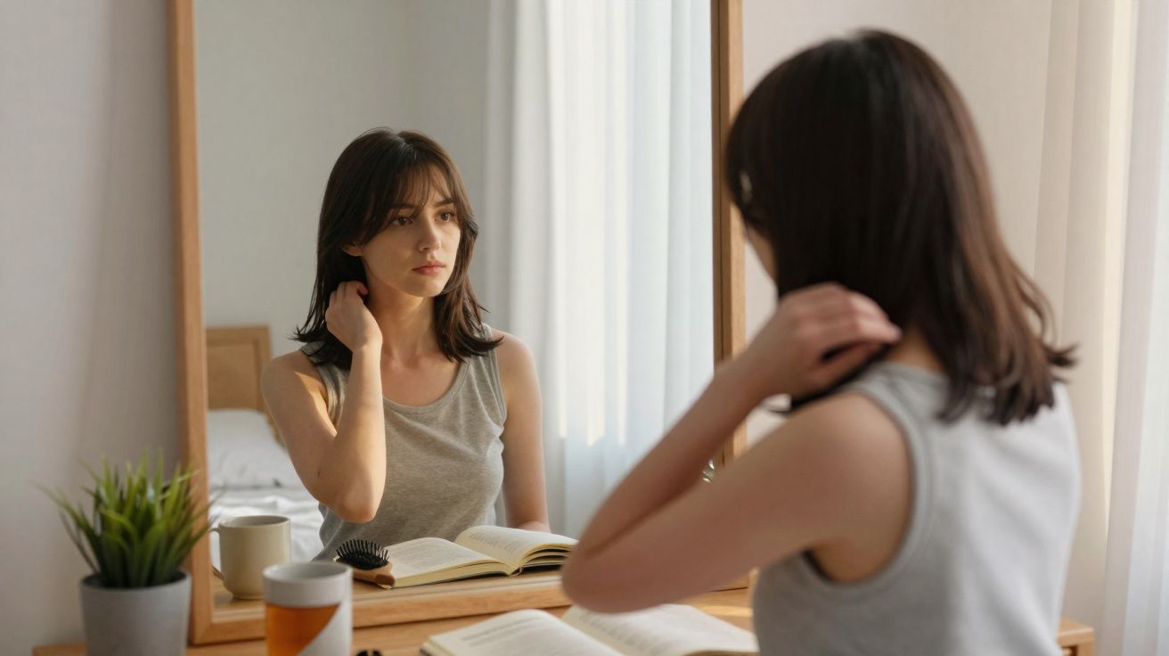 Mulher jovem olhando seu reflexo no espelho enquanto se ajeita com livro aberto na frente.