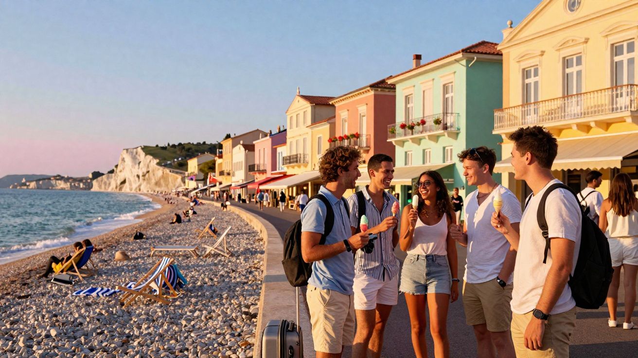 Grupo de jovens conversando e comendo sorvete à beira-mar com casas coloridas ao fundo.